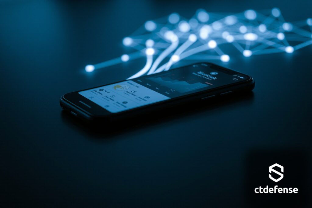 Mobile app pentest — smartphone with abstract security dashboard and backend network mesh